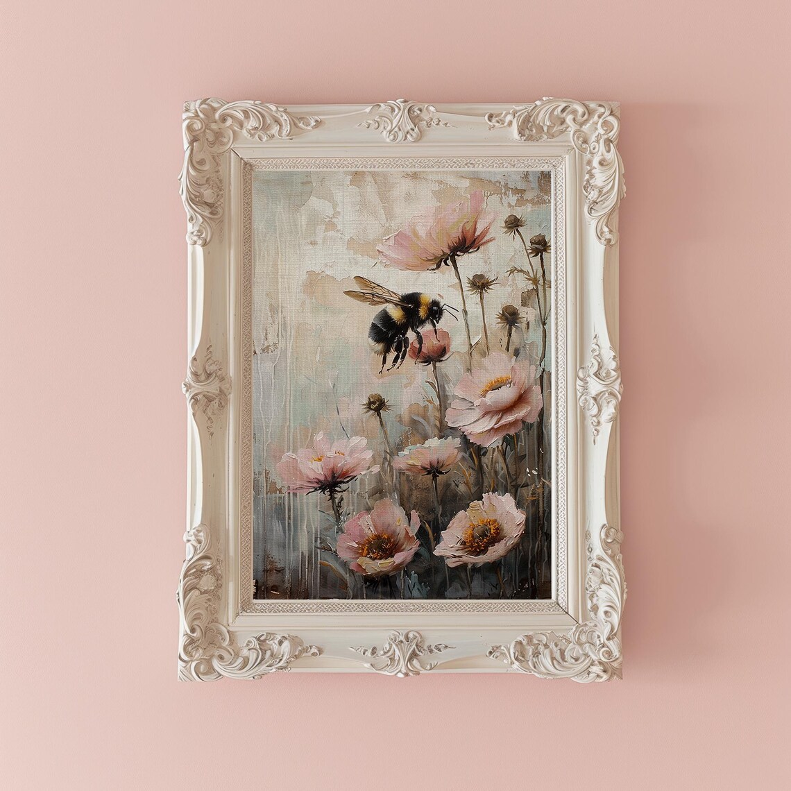 Vintage Bumblebee Among Pink Wildflowers Botanical Oil Painting Poster - Image 2