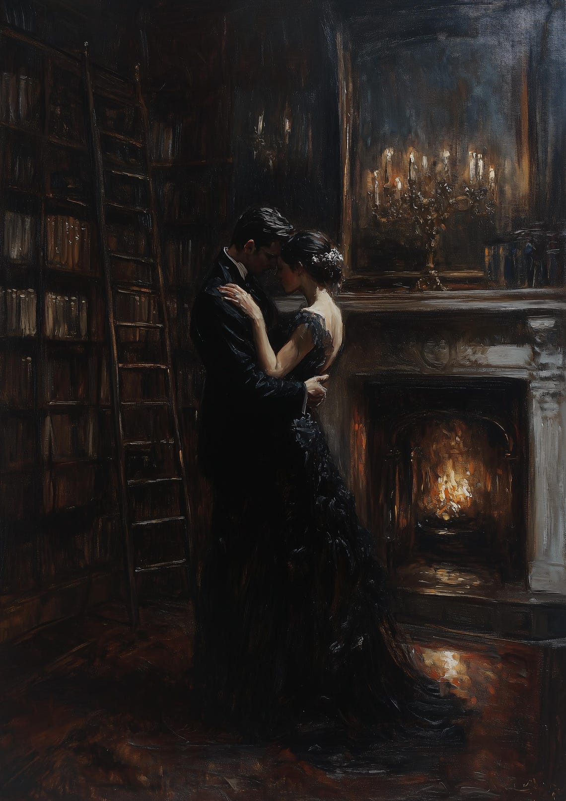 Victorian Couple Embracing by Fireplace in Candlelit Library Poster - Image 2