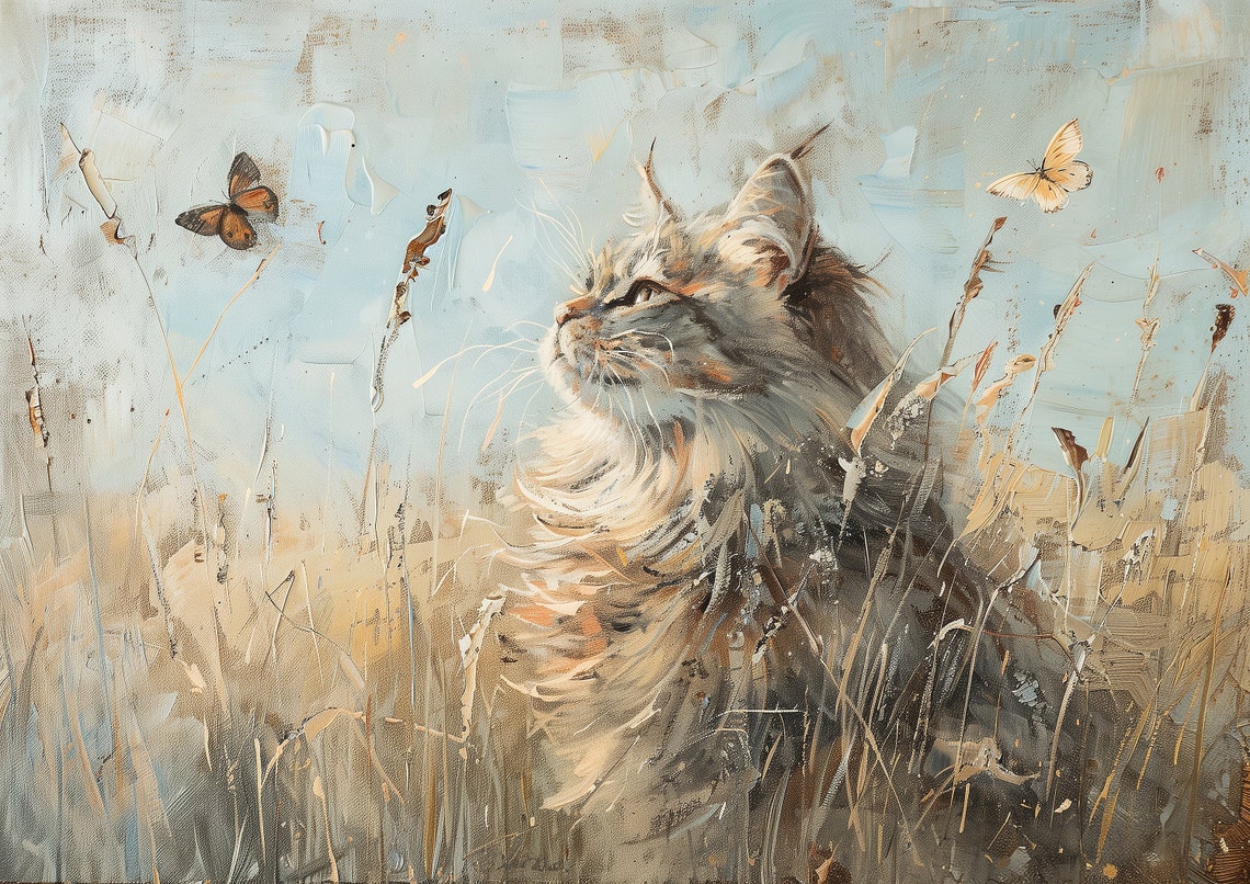 Fluffy Cat Watching Butterflies Drift Over a Wheat Field Poster - Image 2