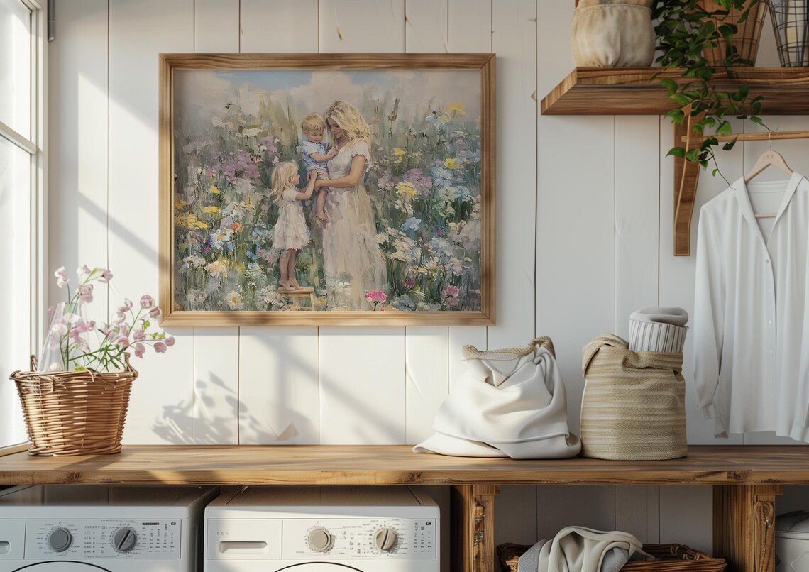 Blonde Mother With Two Children In Wildflower Garden Art Poster - Image 3