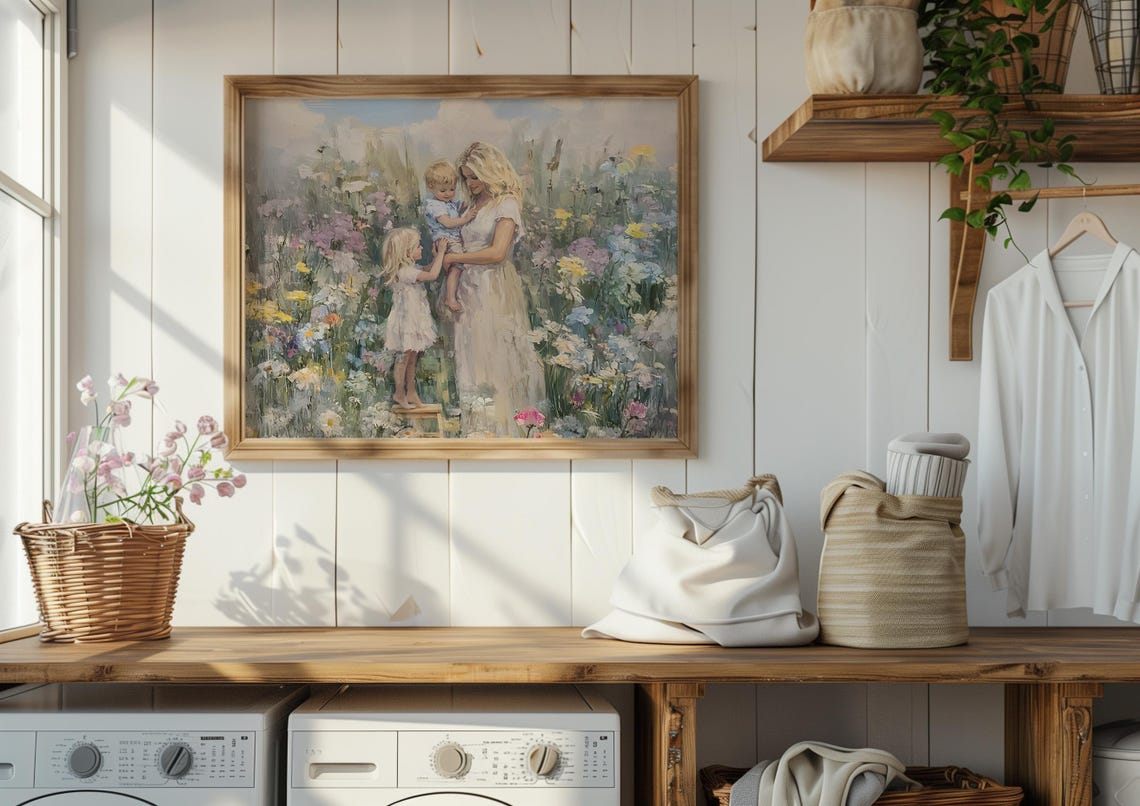 Boy And Girl Mom Gift For Mothers Day Gift Motherhood Painting Motherhood Art Blonde Mom And Child Print Cottagecore Laundry Room - Image 3