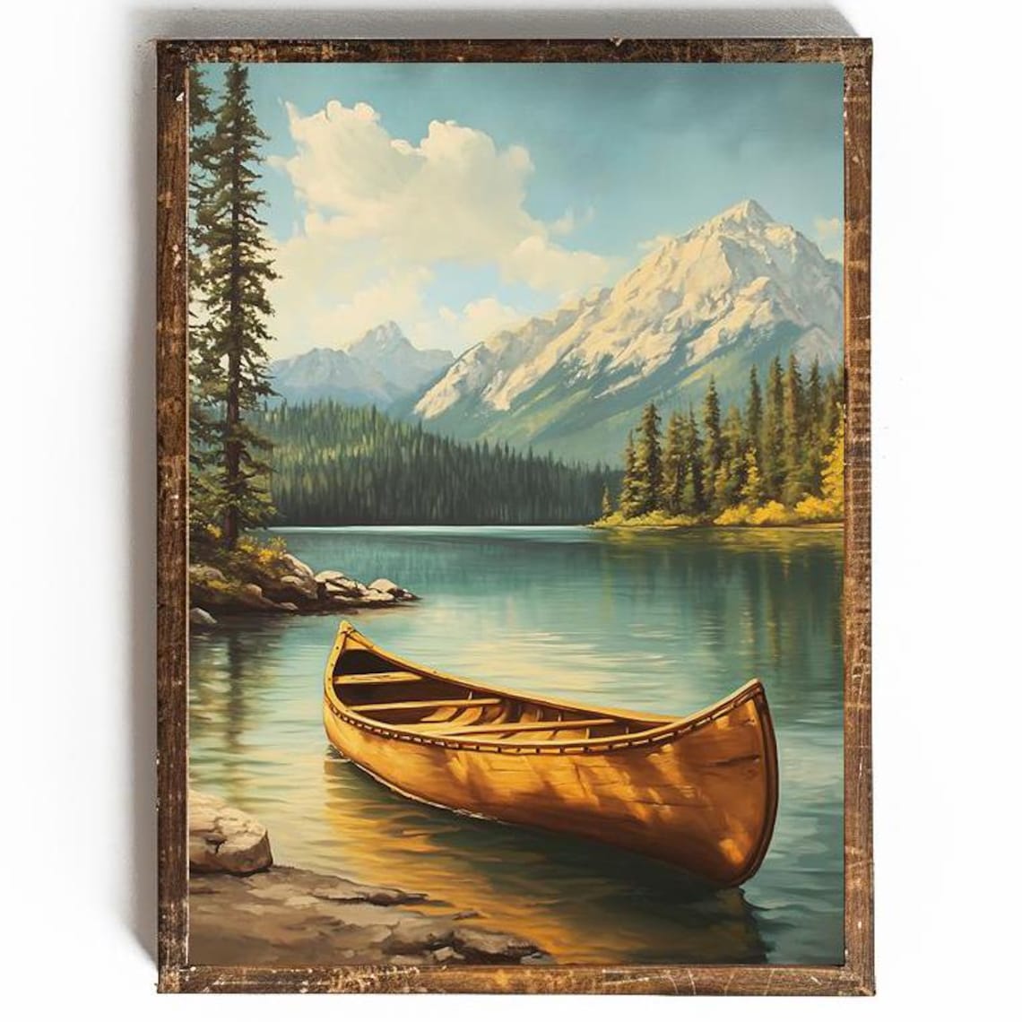 Wooden Canoe On Turquoise Mountain Lake With Pines Travel Poster