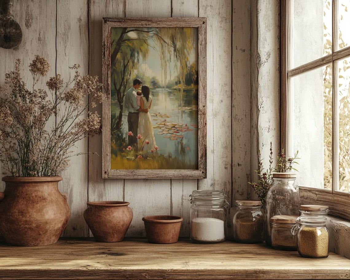 Young Romantic Parents Holding Baby Beside Willow Lily Pond Poster - Image 3