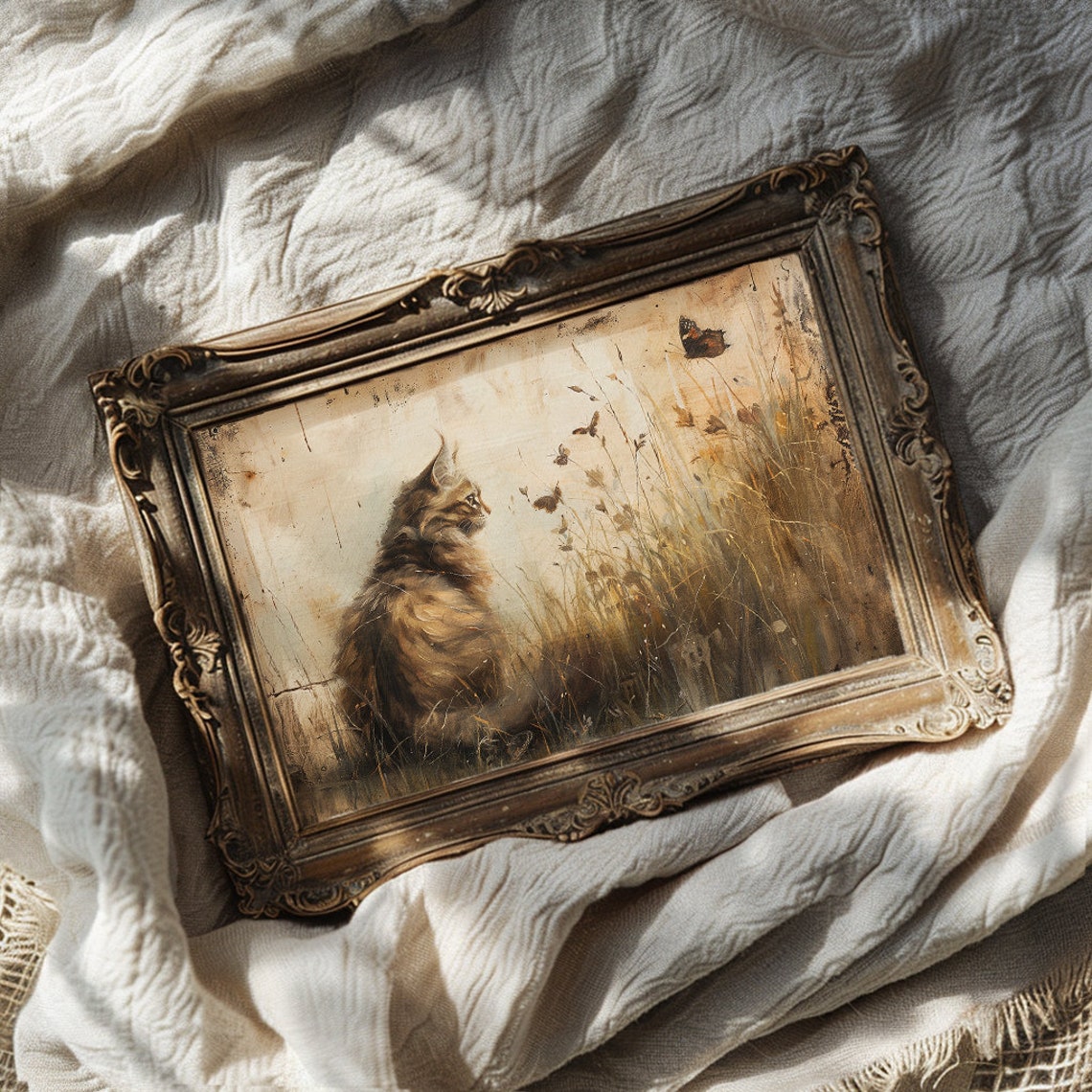 Long Haired Cat Watching Butterflies in a Golden Meadow Poster - Image 4