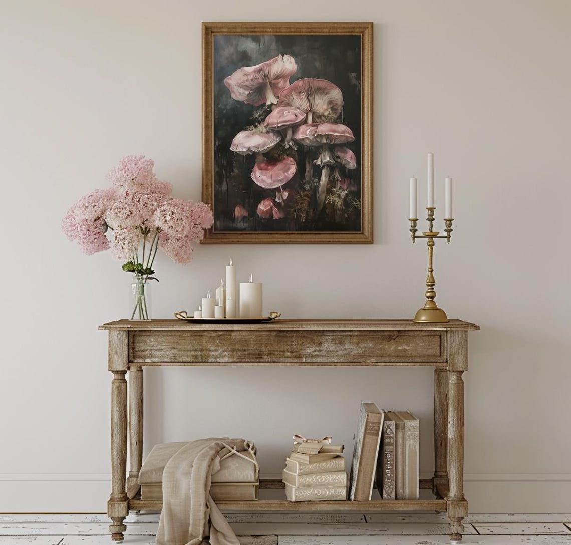 Blush Pink Mushrooms Botanical Study on a Dark Background Poster - Image 2