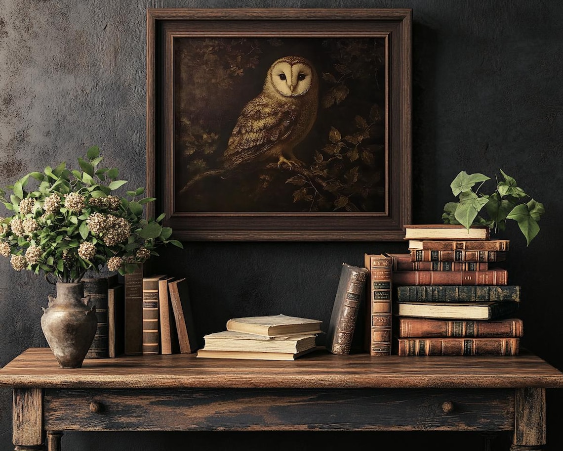 Barn Owl Perched On Night Branch Dark Moody Painting Wall Poster - Image 3