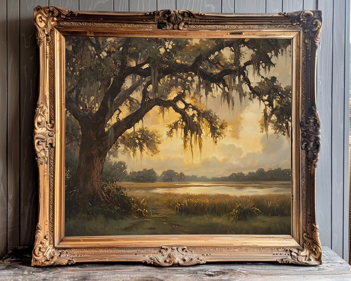 Live Oak With Spanish Moss Over Sunset Marsh Southern Landscape Poster