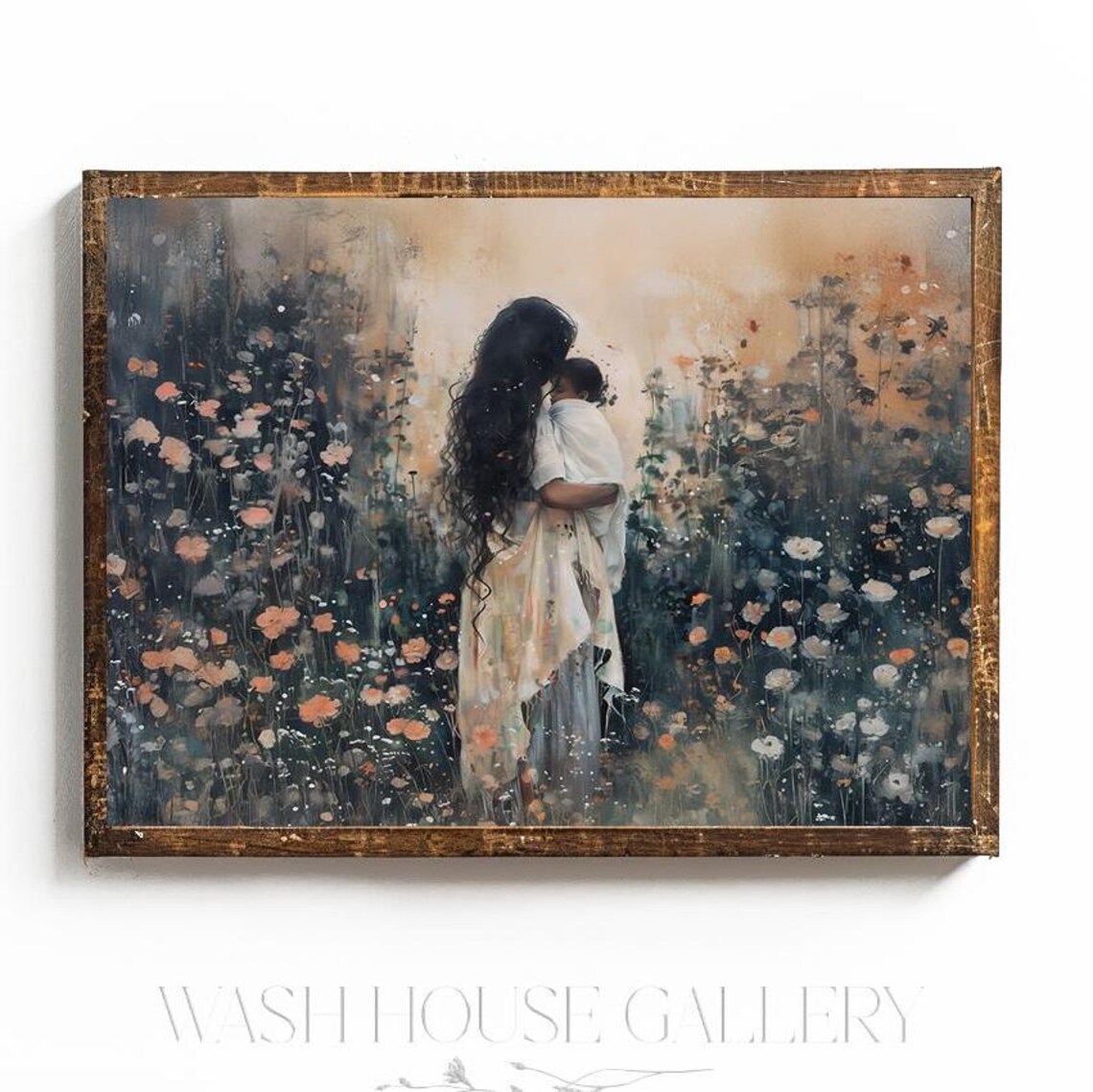 Mother Holding Her Baby in a Moody Dark Flower Garden Painting Poster - Image 3