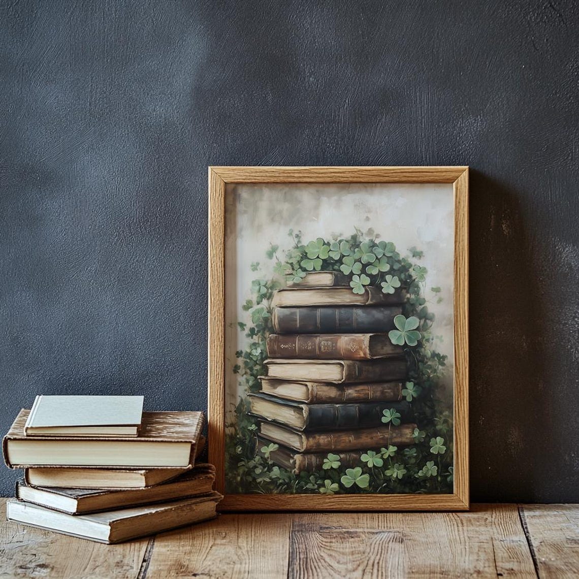 Shamrock Clover Nestled Around a Stack of Vintage Books Framed Poster - Image 2