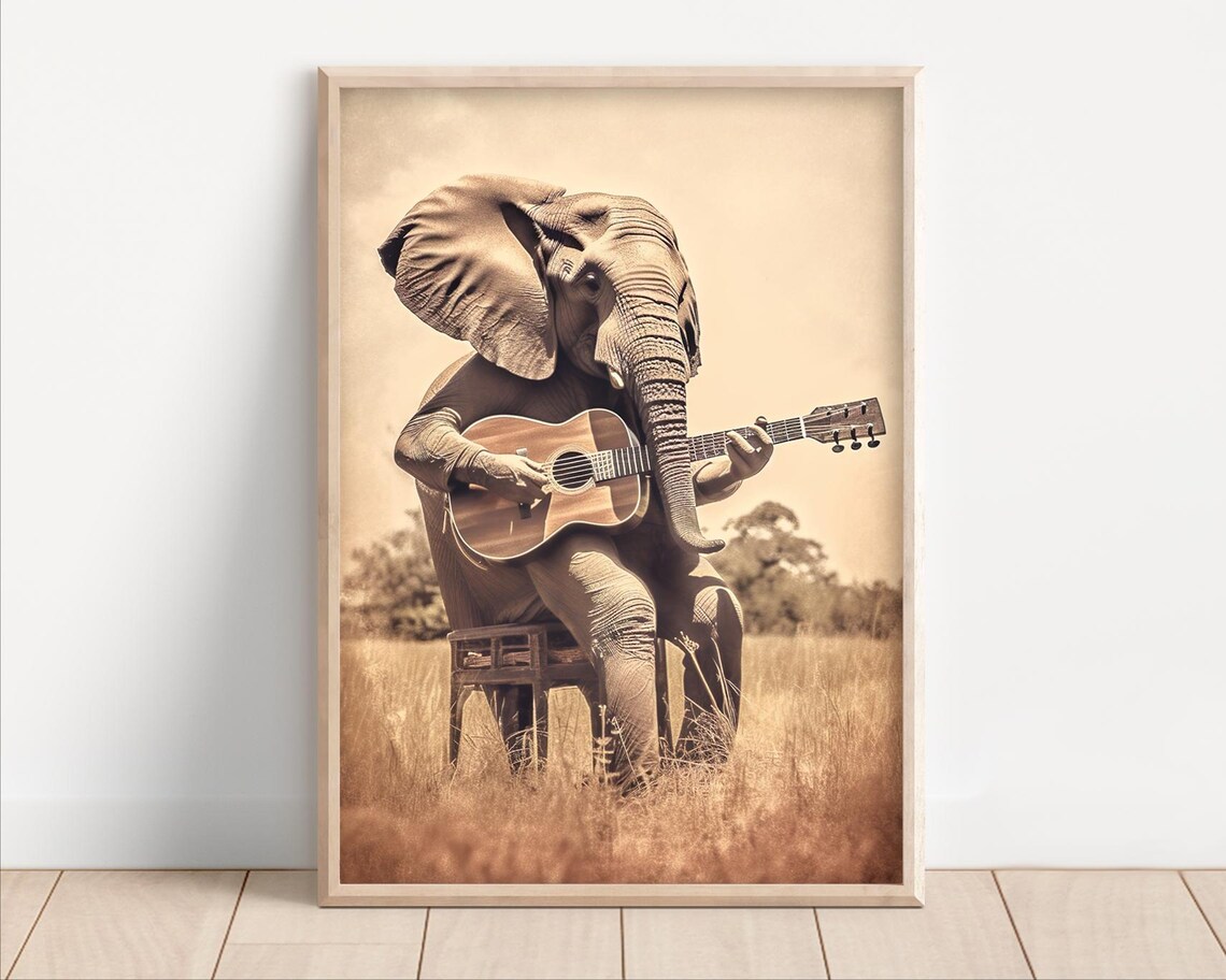 Elephant Playing Acoustic Guitar in Golden Field Vintage Poster