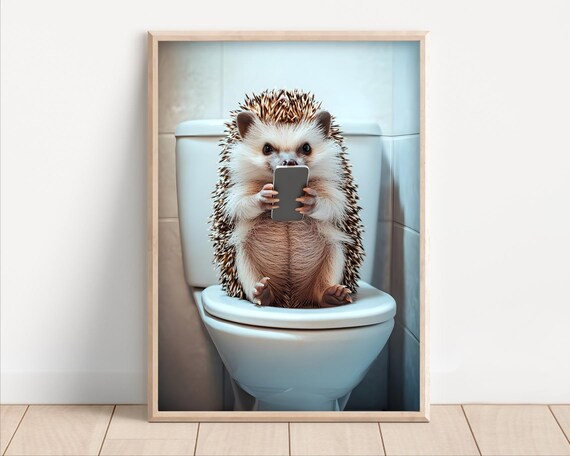 Hedgehog Sitting On The Toilet Watching Phone Poster Or Canvas Funny Bathroom Wall Art Decor Vintage Style Animal Print Humor
