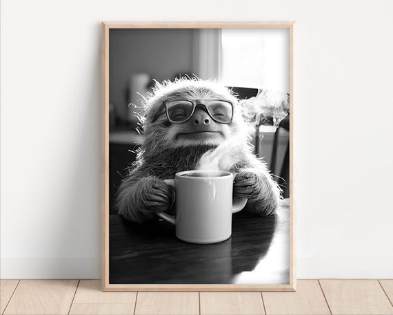 Sloth Drinking Coffee Poster Or Canvas Funny Kitchen Wall Art Shop Decor Lover Dining Room Cute Animal Print
