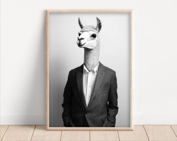 Alpaca Wearing A Business Suit Funny Office Wall Art Print Animal Home Decor Success Quirky Humor Cute Retro Photo