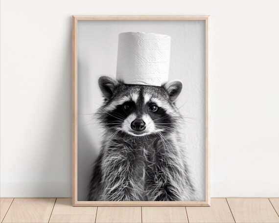 Funny Raccoon Bathroom Poster Wall Art Print With Toilet Paper On Vintage Style Animal Photo Decor