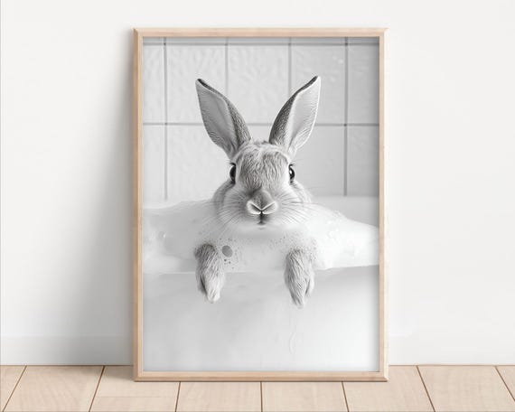 Bunny Taking a Bubble Bath Poster, Funny Bathroom Decor