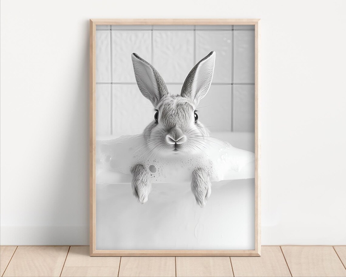 Bunny Taking a Bubble Bath Poster, Funny Bathroom Decor