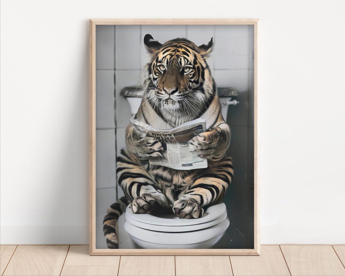 Funny Grumpy Tiger Sitting on the Toilet Reading Newspaper Poster