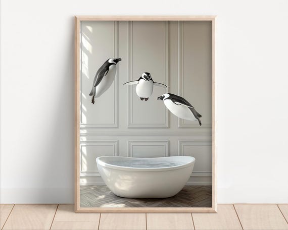 Penguins Jumping Into Bathtub Poster Or Canvas Funny Bathroom Wall Art Decor Animals Taking A Bath Cute Penguin Print Animal