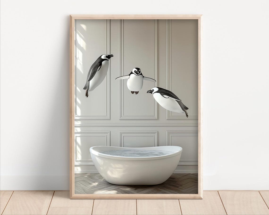 Penguins Diving Into Bathtub Elegant White Bathroom Funny Print
