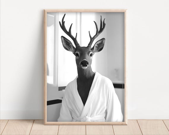 Deer Wearing A Bathrobe Poster Or Canvas Funny Bathroom Wall Art Cute Animals In Kids Laundry Room Decor Print