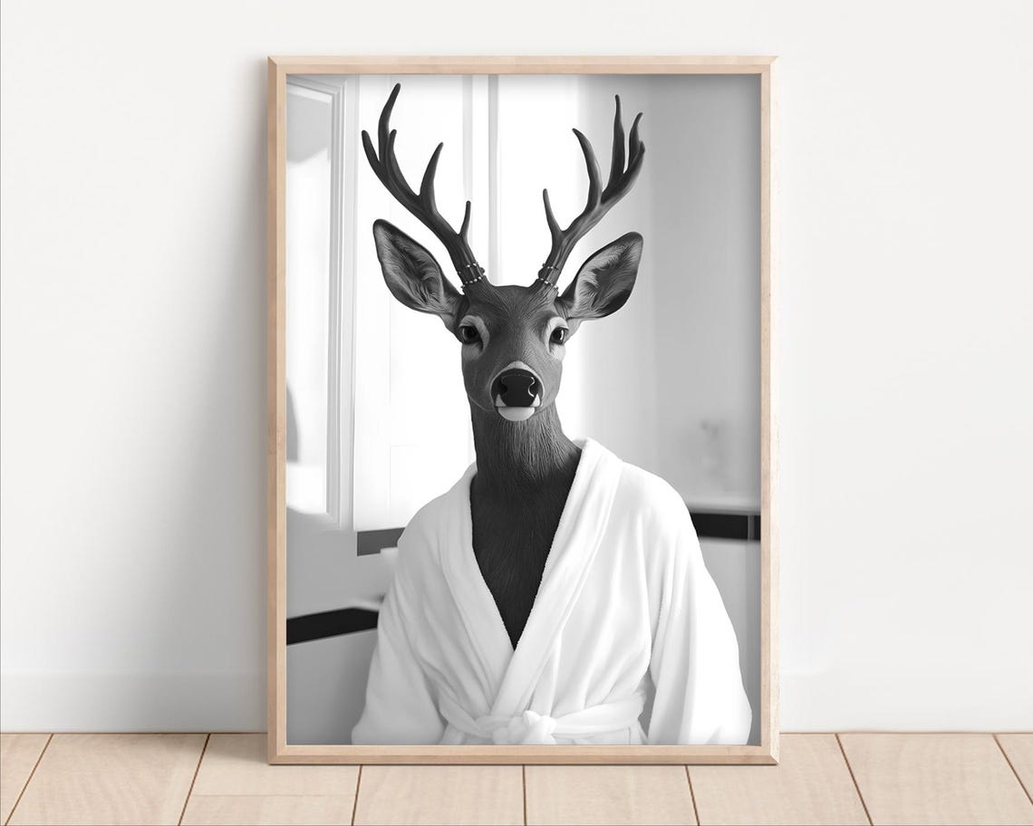 Deer Wearing A Bathrobe Poster Or Canvas Funny Bathroom Wall Art Cute Animals In Kids Laundry Room Decor Print