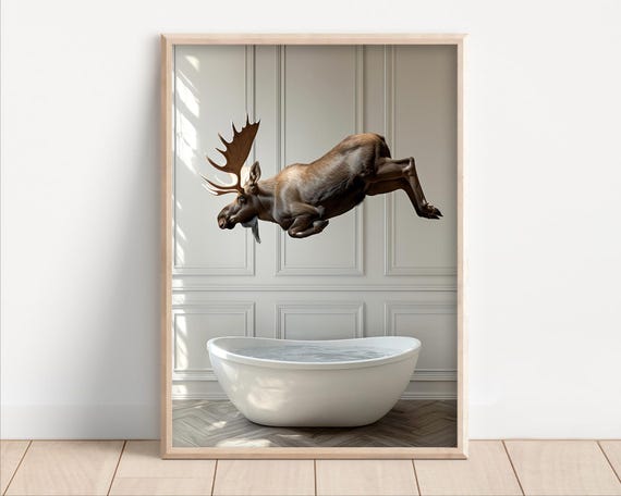 Moose Jumping Into Bathtub Poster Or Canvas Funny Bathroom Wall Art Decor Animals Taking A Bath Cute Print Animal
