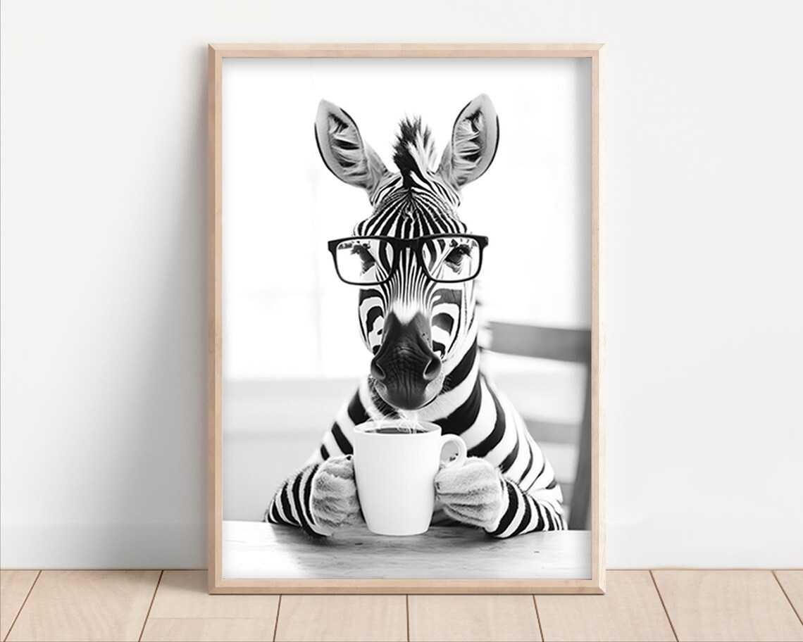 Zebra Drinking Coffee Poster Or Canvas Funny Kitchen Wall Art Shop Decor Lover Dining Room Cute Animal Print