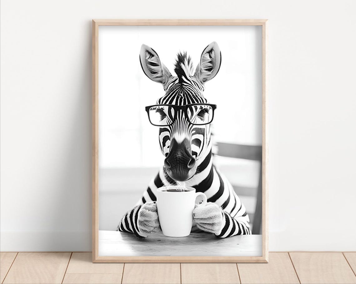 Zebra Wearing Glasses Drinking Coffee Quirky Funny Animal Poster