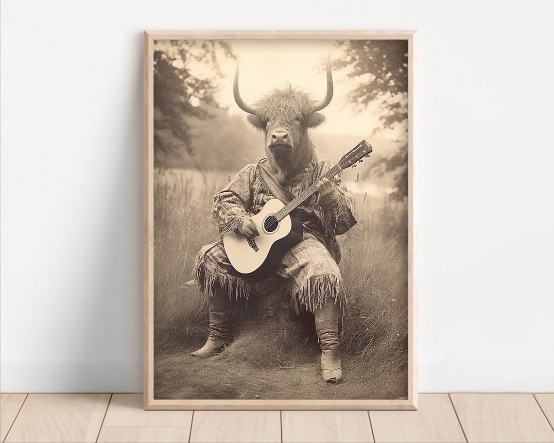 Highland Cow Playing Acoustic Guitar Poster Canvas Funny Music Room Wall Art Vintage Style Animal Decor Quirky Humor Retro Photo Print