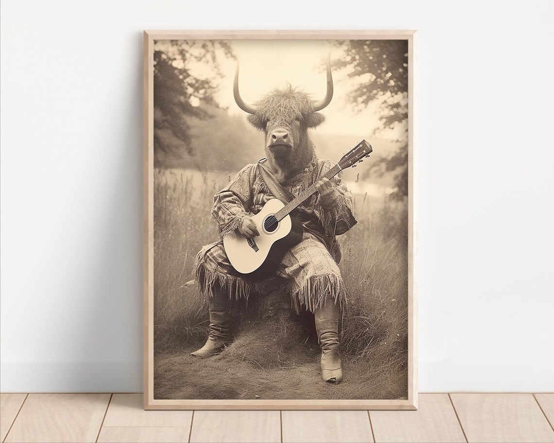 Shaggy Highland Cow Playing Guitar Vintage Country Music Poster