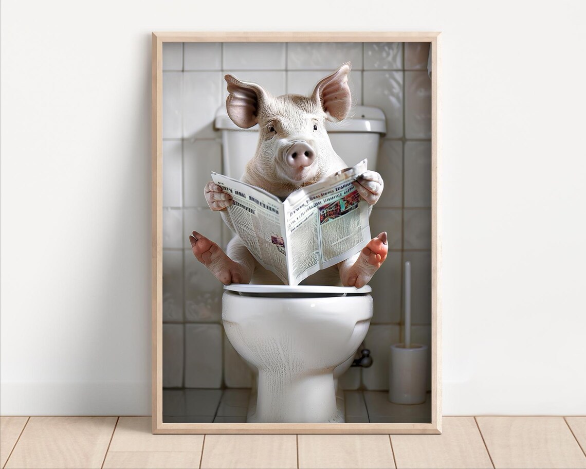 Funny Cheerful Pig Sitting on the Toilet Reading Newspaper Poster