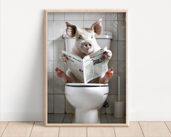 Funny Pig On Toilet Bathroom Wall Art Poster Or Canvas Hilarious Restroom Decor Quirky Animals Photo Print Laundry Room
