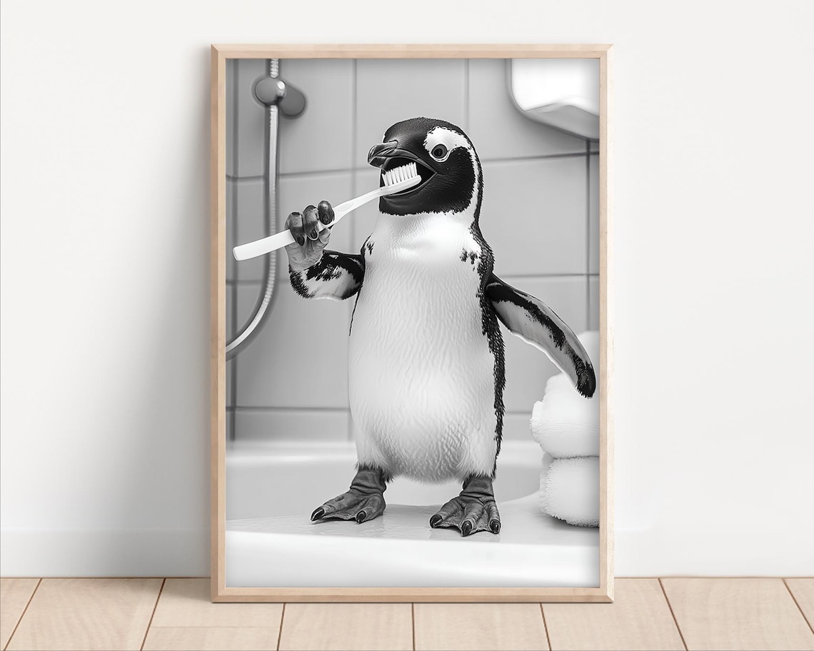 Penguin Brushing Teeth Poster, Retro Funny Bathroom Decor
