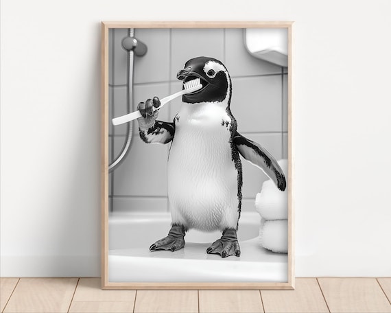Penguin Brushing Teeth Poster, Retro Funny Bathroom Decor