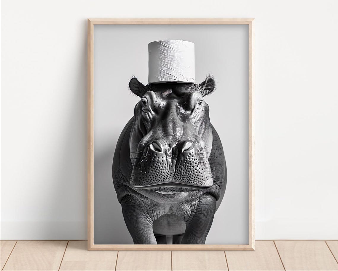Hippo Wearing Toilet Paper Top Hat Funny Black and White Wall Art