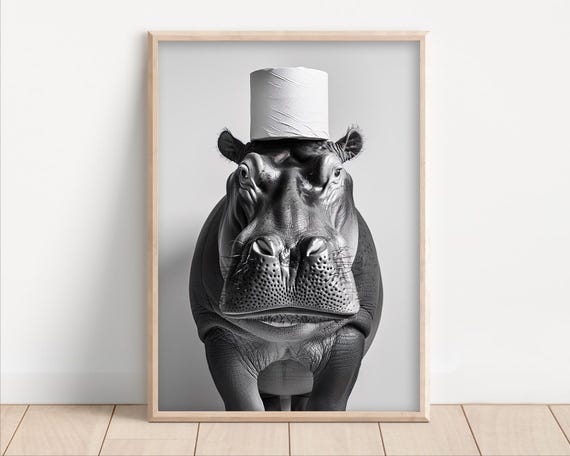 Hippo With Toilet Paper On Poster Or Canvas Funny Bathroom Wall Art Kids Laundry Room Decor Animal Humor Photo Cute Print