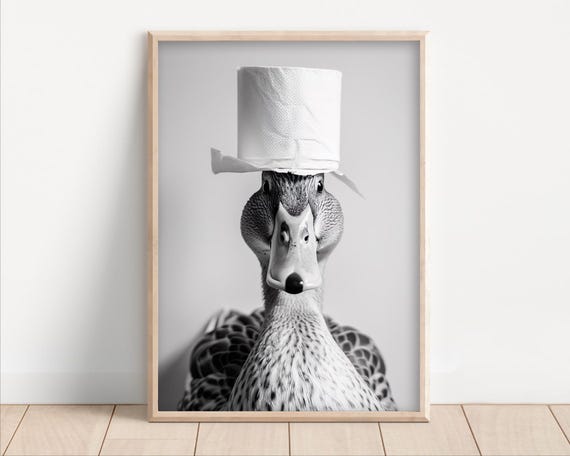 Duck With Toilet Paper On Poster Or Canvas Funny Bathroom Wall Art Kids Laundry Room Decor Animal Humor Photo Cute Print