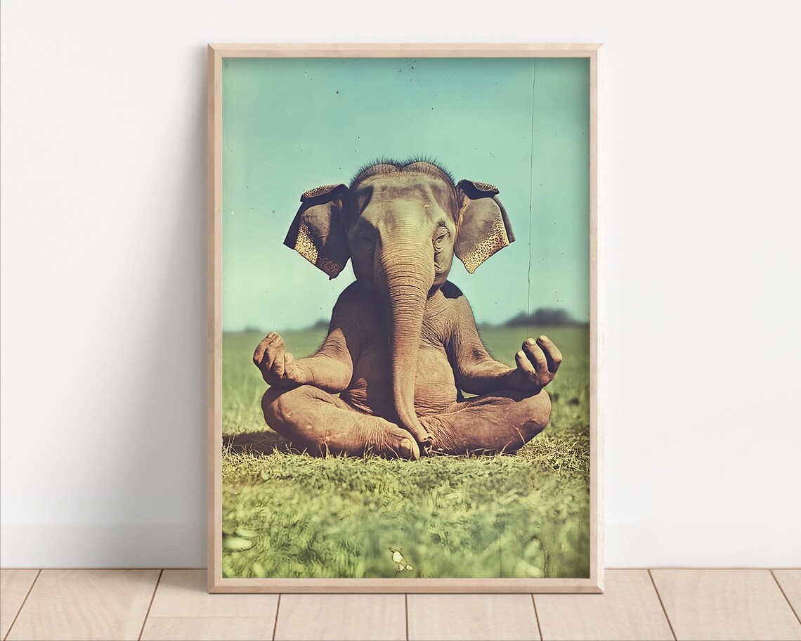 Yoga Elephant Meditating Lotus Pose Vintage Funny Animal Poster