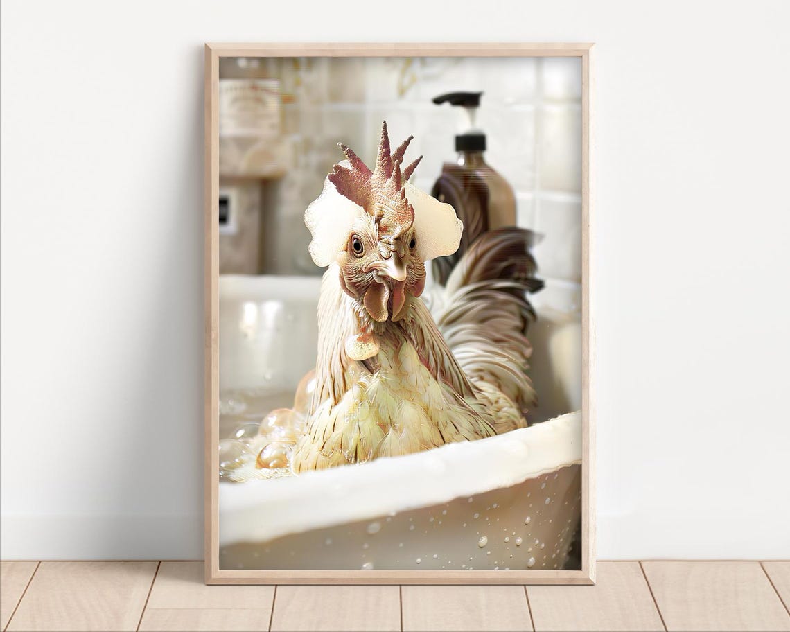 Funny Chicken Relaxing in a Bubble Bath Quirky Animal Poster