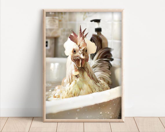 Funny Chicken In Bubble Bath Wall Art Animals Bathtub Poster Or Canvas Quirky Laundry Room Decor Cute Kids Humor Print Home Spa