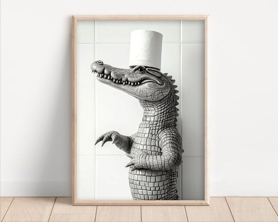 Crocodile With Toilet Paper On Poster Or Canvas Funny Bathroom Wall Art Kids Laundry Room Decor Animal Humor Print Cute