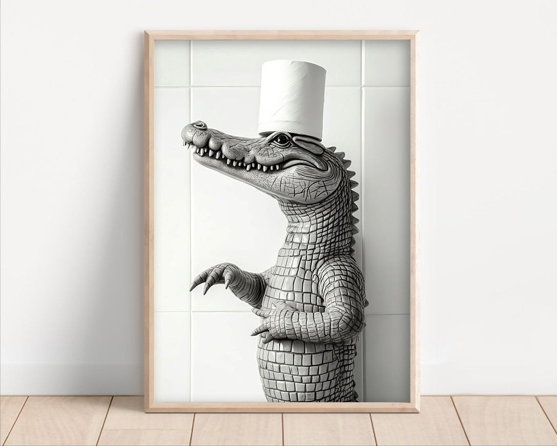 Crocodile With Toilet Paper Hat Funny Black And White Poster