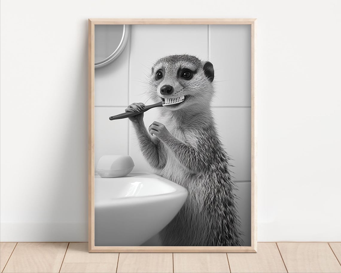 Mongoose Brushing Teeth Retro Bathroom Humor Art Print