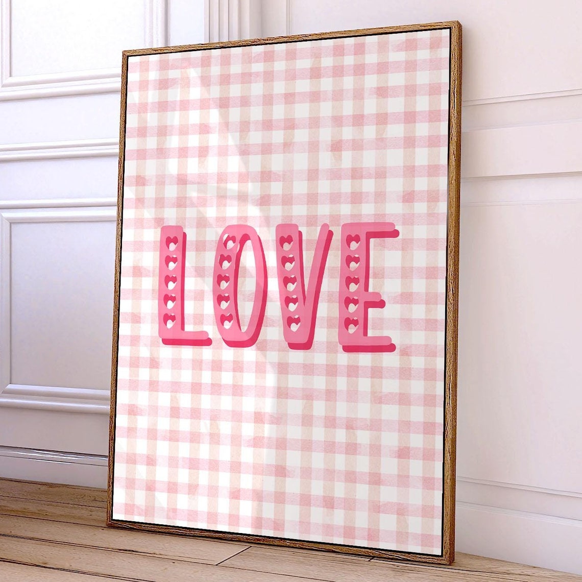 Love Pink Gingham Check Hearts Retro Typography Valentine Art Poster