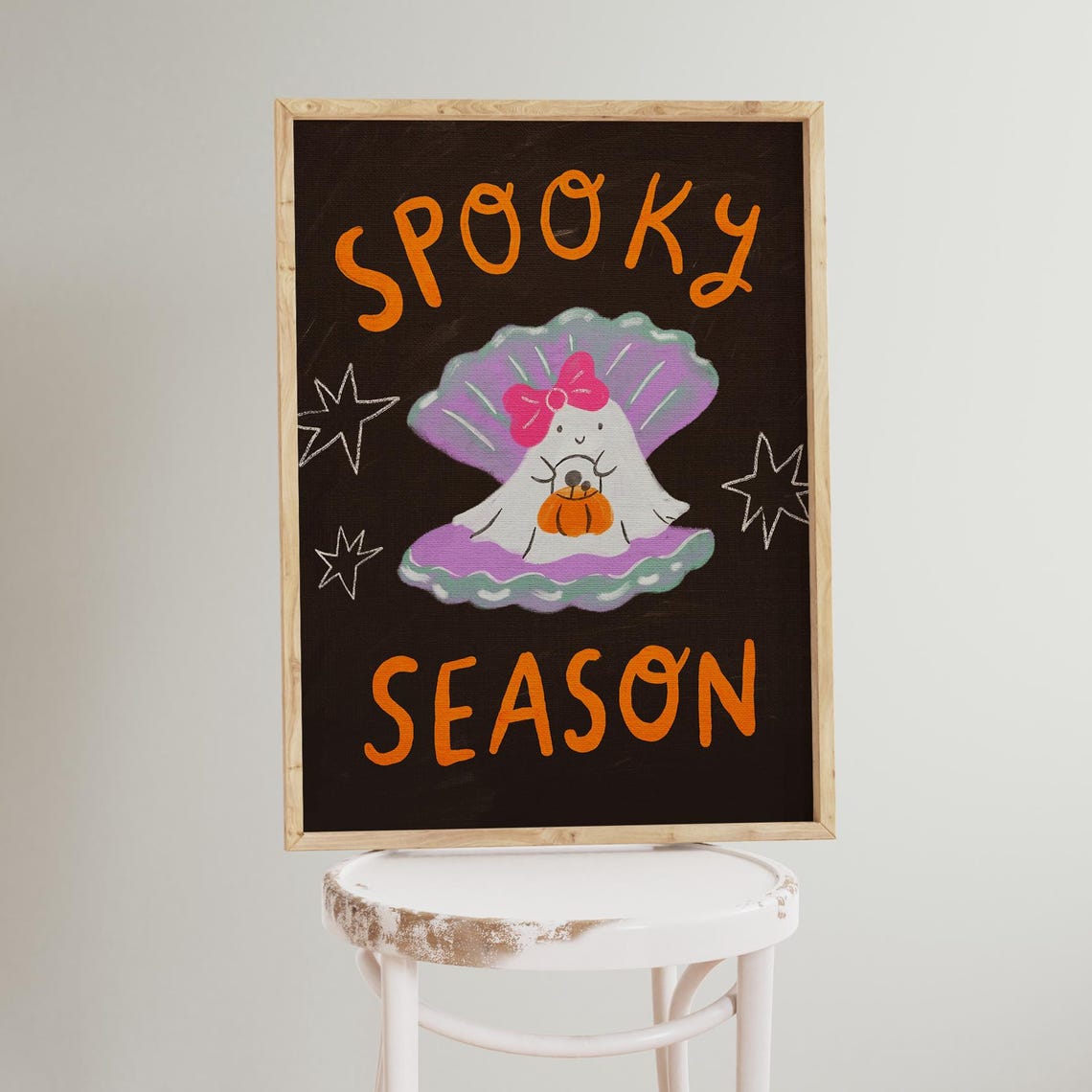 Spooky Season Cute Ghost Pumpkin Black Background Halloween Print