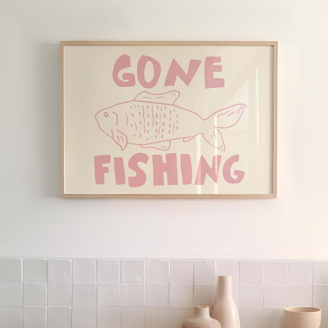 Gone Fishing Pink Soft Letters Fish Doodle Funny Outdoors Quote Poster - Image 3