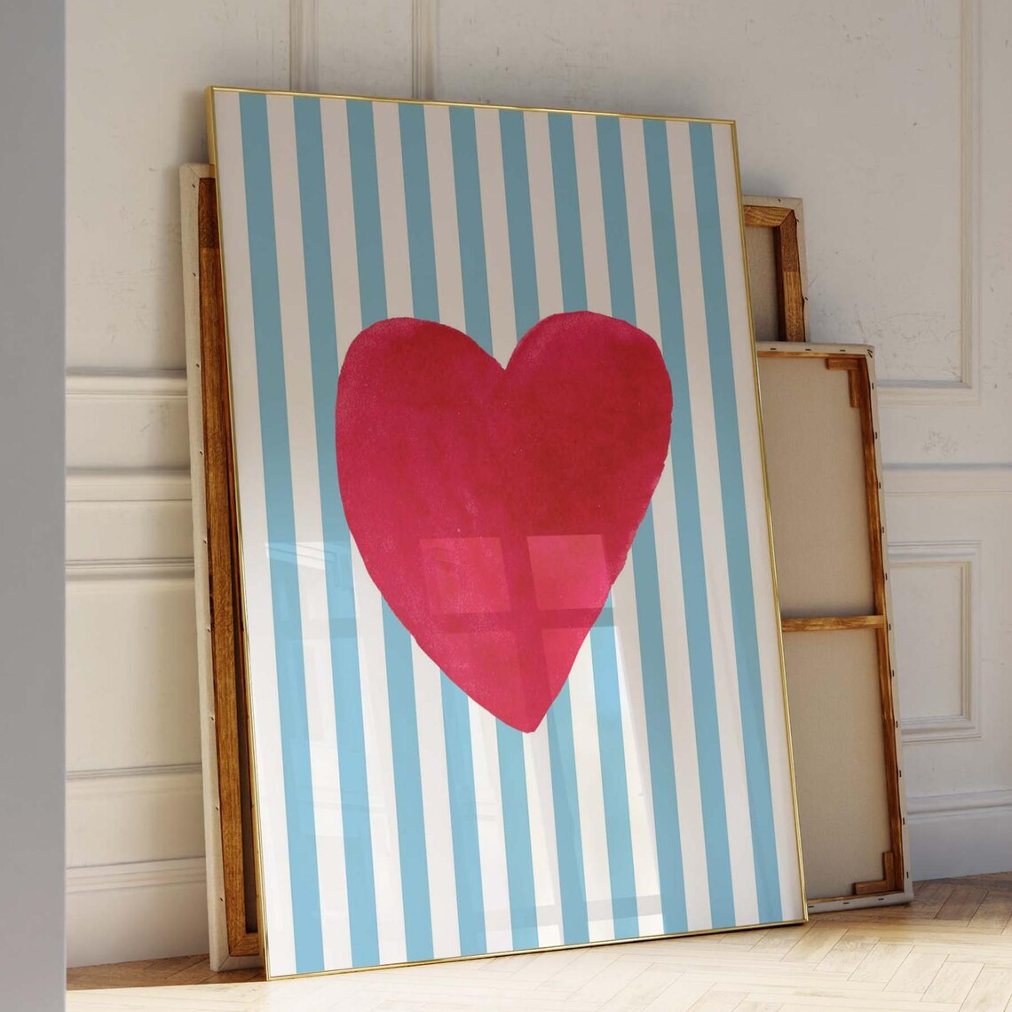 Red Heart Art Print, Modern Blue Stripe Poster