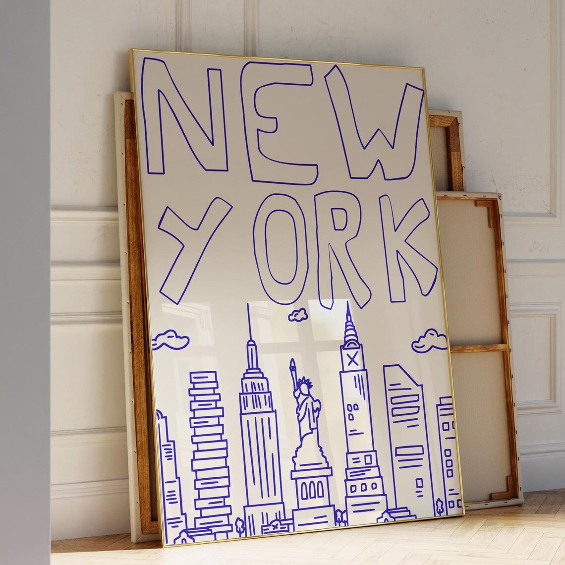 New York City Skyline Doodle Sketch Blue Line Art Indie Poster