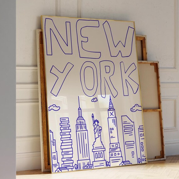 New York City Skyline Doodle Sketch Blue Line Art Indie Poster