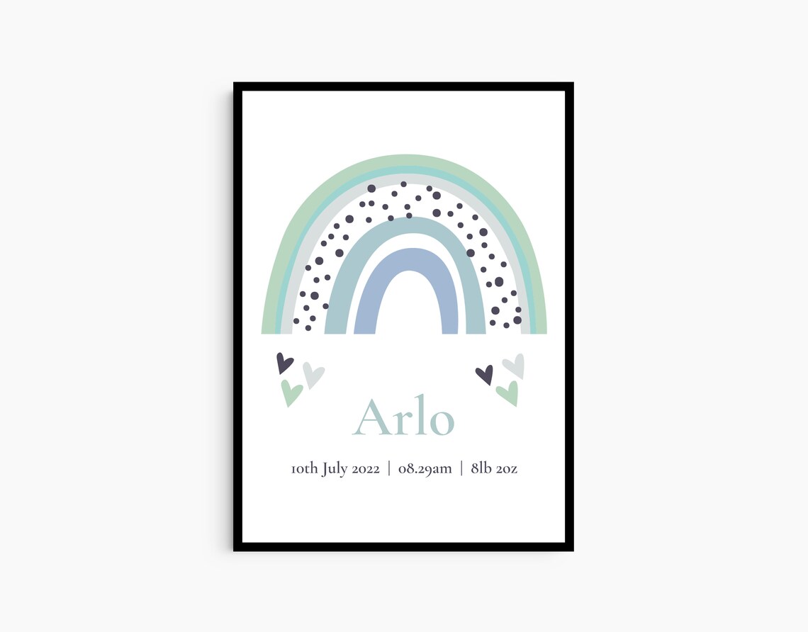 Custom Baby Birth Stats Rainbow Hearts Newborn Nursery Art Poster